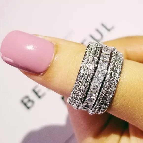 Jewelry - Wide 925 sterling silver & CZ eternity band ring size 7.5-7.75